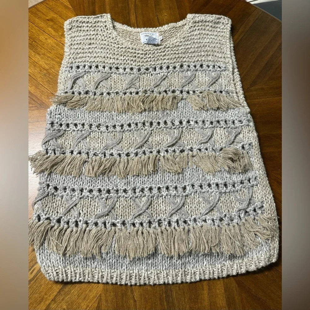 Vintage Hand Knit Sweater Vest Fringe Neutral Colors Retro Hippie Size Medium